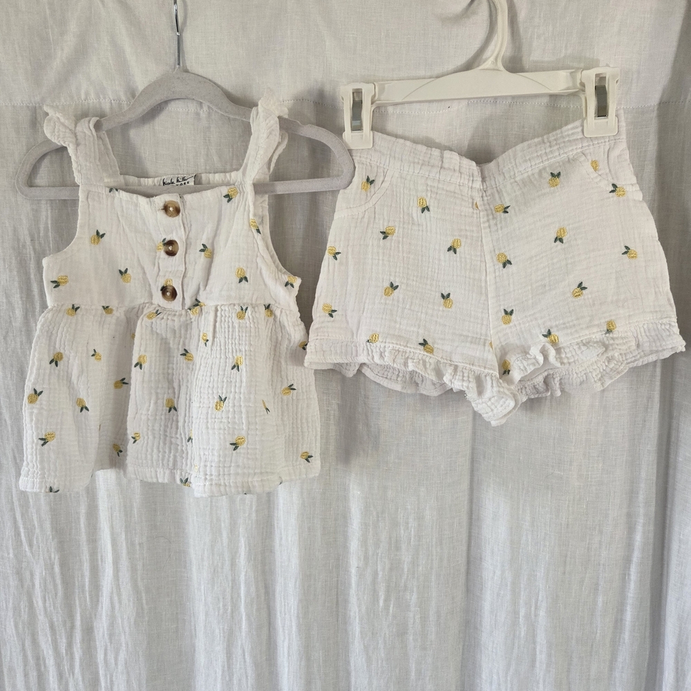 Nicole Miller | White Cotton Lemon-Print Tank Top & Shorts Set - Yellow Accent
